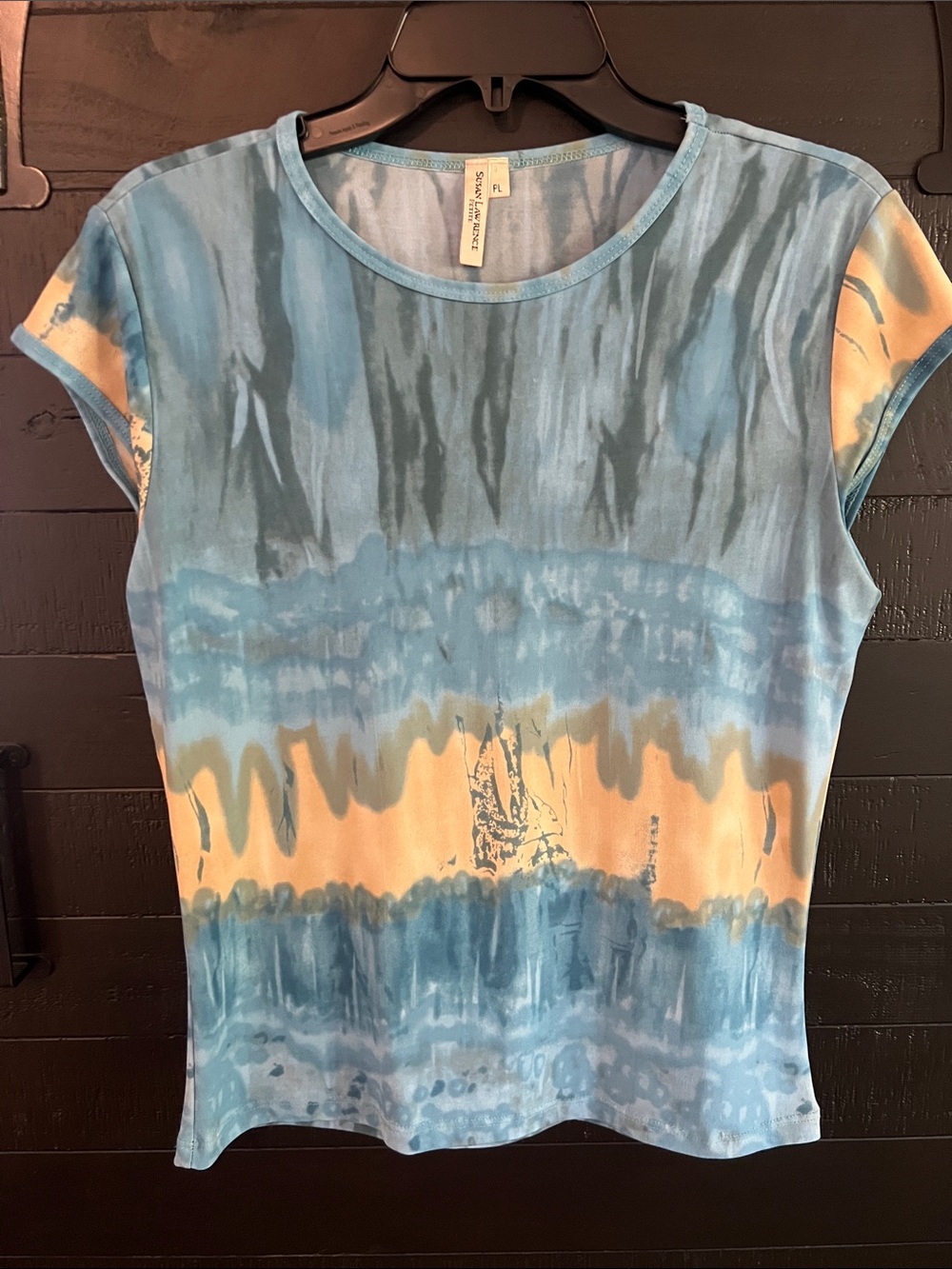 Susan Lawrence Blue & Cream Tie-Dye Cap Sleeve Tee